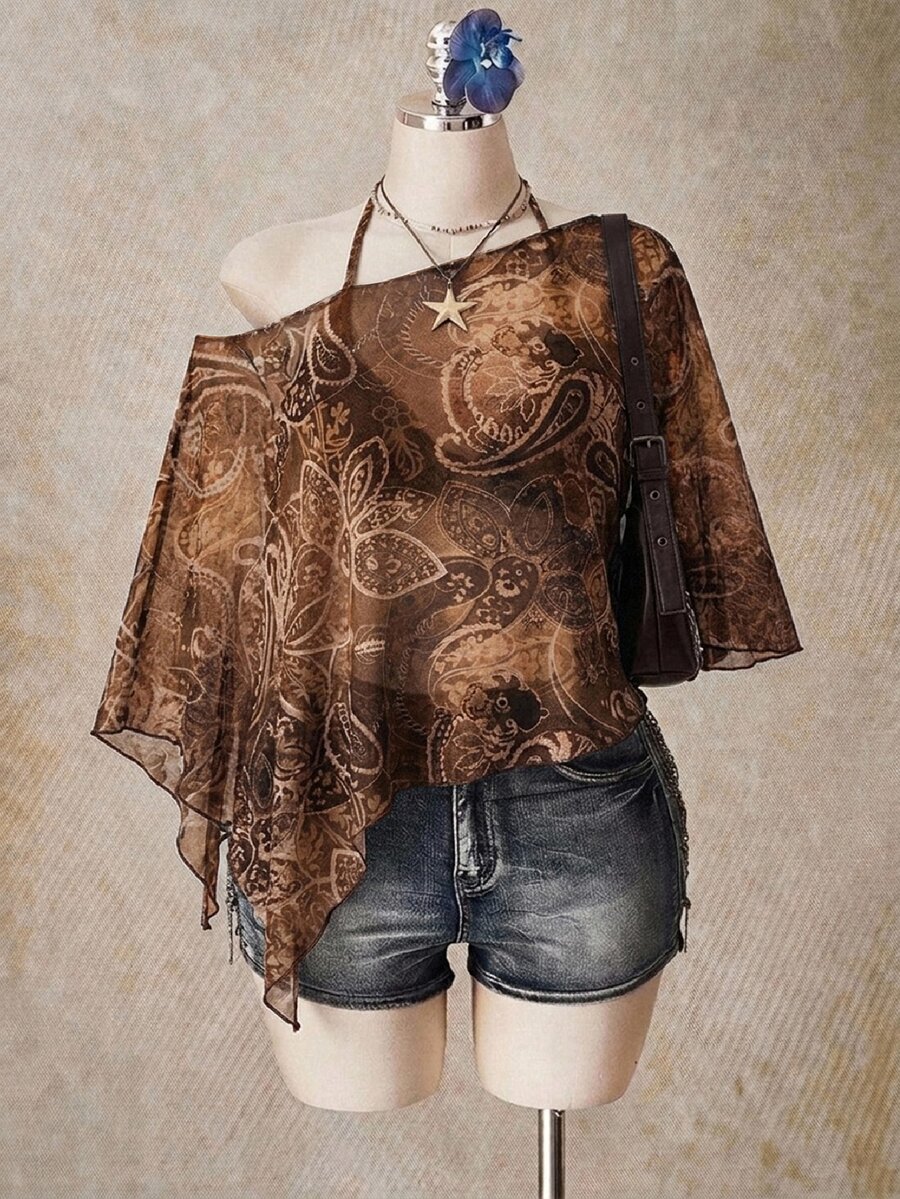 SHEIN ICON 大尺碼佩斯利印花不對稱下擺透視上衣 - 彩色 - 查看 1
