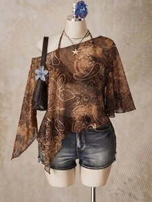 SHEIN ICON 大尺碼佩斯利印花不對稱下擺透視上衣 - 彩色 - 查看 4