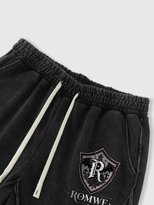 ROMWE MEN Essentials 男士復古做舊紋理水洗街頭風短褲 - 黑色 - 查看 5