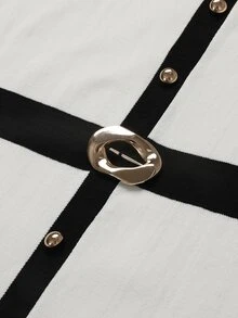 SHEIN LUNE CURVE Plus Size Summer Elegant Black & White Contrast Gold Buckle Waist-Cinching Slit Knit Dress - White - View 6