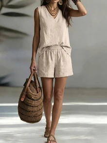 Balvessa Women's Solid Color V-Neck Top And Elastic Waist Shorts Casual Daily 2-Piece Set - Apricot - View 3