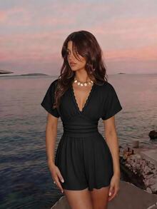 SHEIN MOD Romper Kasual Warna Polos untuk Wanita, Cocok untuk Liburan - Hitam - View 6