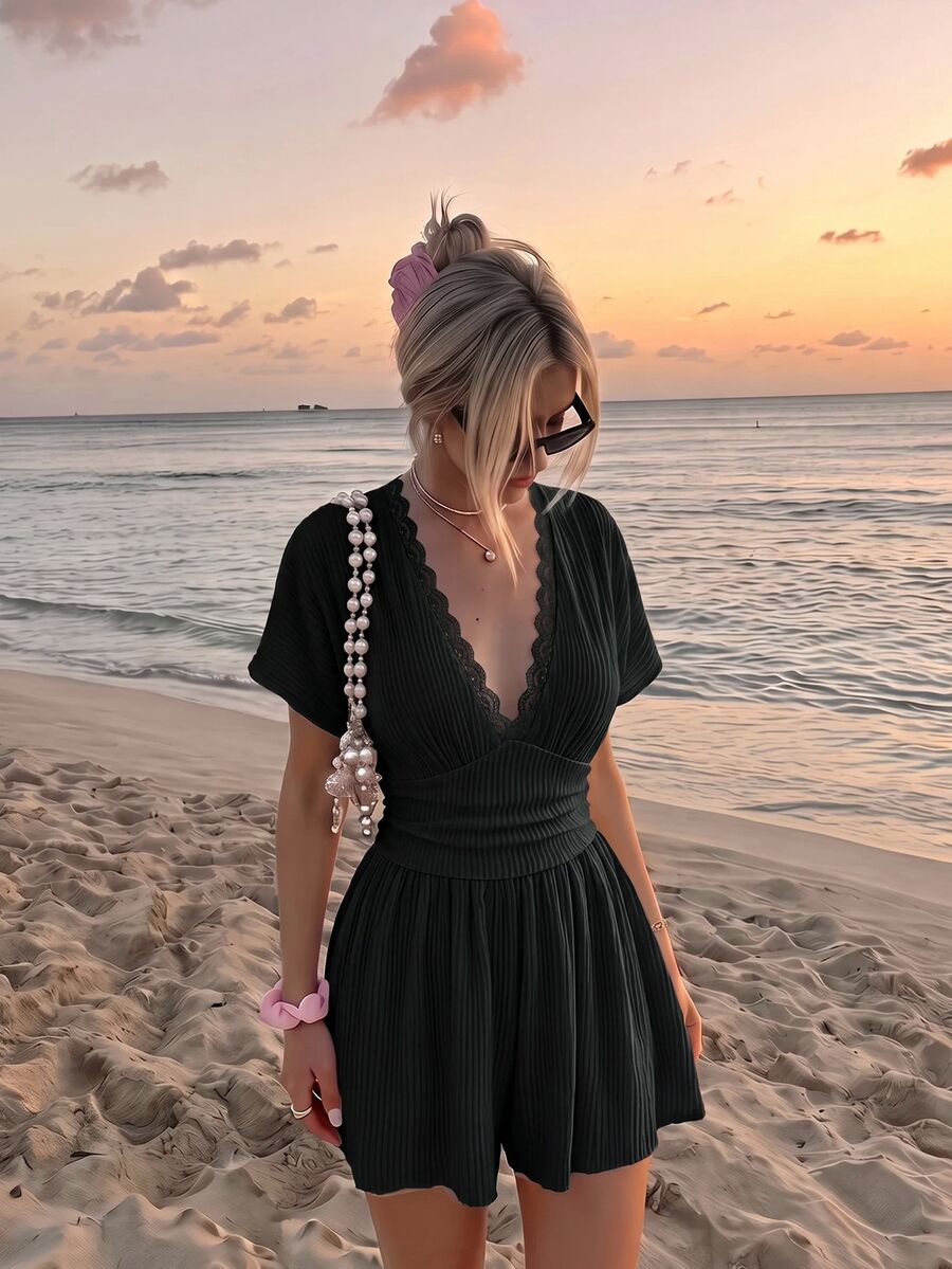SHEIN MOD Romper Kasual Warna Polos untuk Wanita, Cocok untuk Liburan - Hitam - View 1