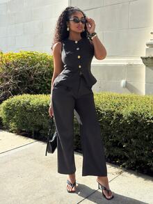 Alexandranx Black Single-Breasted Waistcoat, Ruched Wide Leg Pants Co-Ord Set - Black - View 3