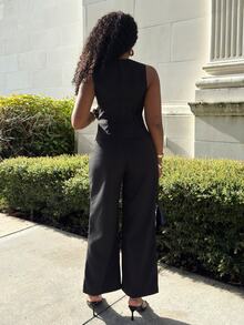 Alexandranx Black Single-Breasted Waistcoat, Ruched Wide Leg Pants Co-Ord Set - Black - View 2