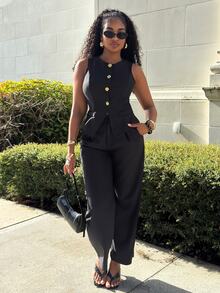 Alexandranx Black Single-Breasted Waistcoat, Ruched Wide Leg Pants Co-Ord Set - Black - View 1