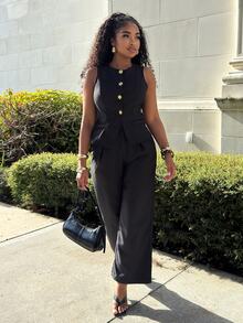 Alexandranx Black Single-Breasted Waistcoat, Ruched Wide Leg Pants Co-Ord Set - Black - View 4