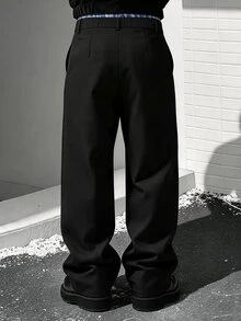 SLATEMANN 男士黑色西裝長褲，百褶設計，寬鬆版型百搭直筒長褲 - 黑色 - 查看 2