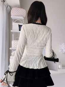 FRIFUL Women's Lace Patchwork Waist-Cinching Textured Tie-Front T-Shirt Long Sleeve - White - View 7