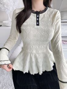 FRIFUL Women's Lace Patchwork Waist-Cinching Textured Tie-Front T-Shirt Long Sleeve - White - View 8