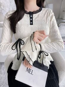 FRIFUL Women's Lace Patchwork Waist-Cinching Textured Tie-Front T-Shirt Long Sleeve - White - View 2