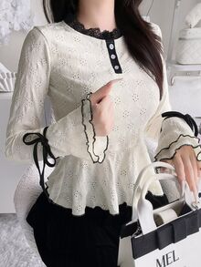 FRIFUL Women's Lace Patchwork Waist-Cinching Textured Tie-Front T-Shirt Long Sleeve - White - View 5