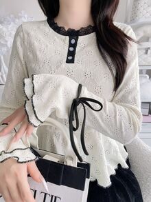 FRIFUL Women's Lace Patchwork Waist-Cinching Textured Tie-Front T-Shirt Long Sleeve - White - View 4