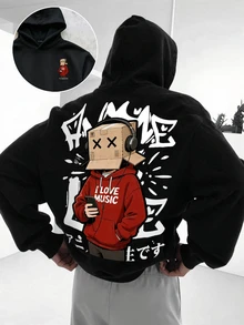 Manfinity Roughcore Sudadera con capucha casual de hombre con estampado de dibujos animados para otoño/invierno - Negro - Ver 9