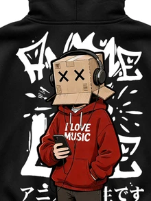 Manfinity Roughcore Sudadera con capucha casual de hombre con estampado de dibujos animados para otoño/invierno - Negro - Ver 8