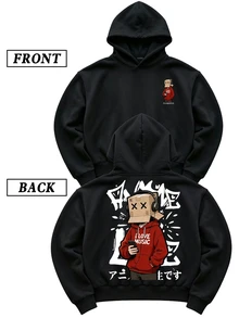 Manfinity Roughcore Sudadera con capucha casual de hombre con estampado de dibujos animados para otoño/invierno - Negro - Ver 2