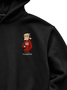 Manfinity Roughcore Sudadera con capucha casual de hombre con estampado de dibujos animados para otoño/invierno - Negro - Ver 3