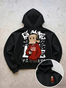 Manfinity Roughcore Sudadera con capucha casual de hombre con estampado de dibujos animados para otoño/invierno - Negro - Ver 7