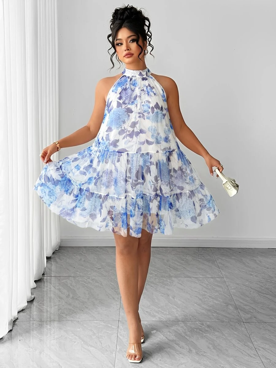 Elenzga Plus Size Women's Woven Sleeveless Elegant Delicate Tulle Double Layer Short Dress - Blue - View 1