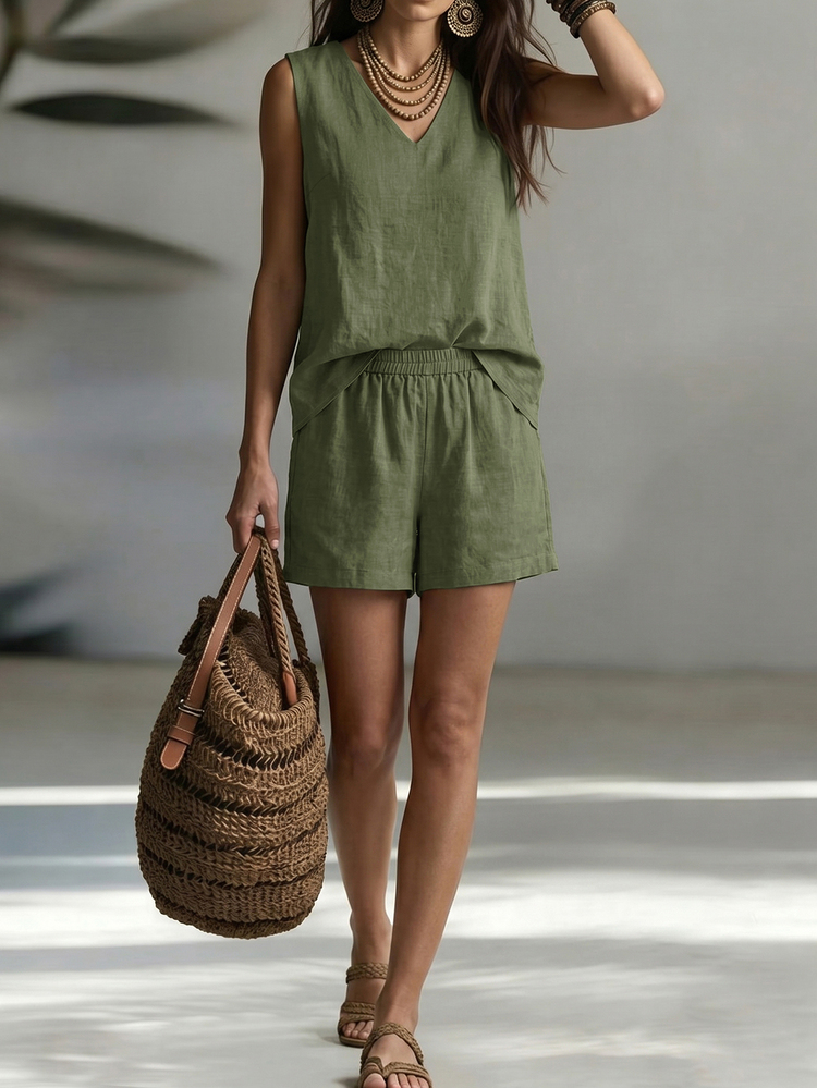 SHEIN LUNE Women's Solid Color Camisole And Casual Shorts 2 Pieces Set, Versatile For Daily Wear And Office - Army Green - View 3