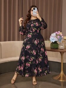 Modelyn Gaun Romantis Elegan Chiffon Motif Bunga Leher Bulat Lengan Lentera Pinggang Terikat Potongan A-Line Regular Fit Ukuran Plus untuk Musim Semi dan Gugur - MultiWarna - View 5