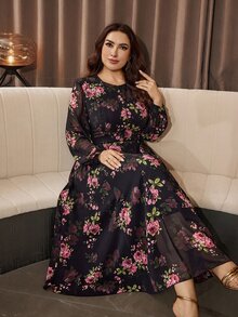 Modelyn Gaun Romantis Elegan Chiffon Motif Bunga Leher Bulat Lengan Lentera Pinggang Terikat Potongan A-Line Regular Fit Ukuran Plus untuk Musim Semi dan Gugur - MultiWarna - View 3