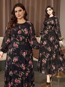 Modelyn Gaun Romantis Elegan Chiffon Motif Bunga Leher Bulat Lengan Lentera Pinggang Terikat Potongan A-Line Regular Fit Ukuran Plus untuk Musim Semi dan Gugur - MultiWarna - View 1