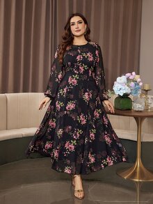 Modelyn Gaun Romantis Elegan Chiffon Motif Bunga Leher Bulat Lengan Lentera Pinggang Terikat Potongan A-Line Regular Fit Ukuran Plus untuk Musim Semi dan Gugur - MultiWarna - View 7