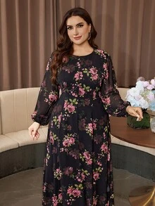 Modelyn Gaun Romantis Elegan Chiffon Motif Bunga Leher Bulat Lengan Lentera Pinggang Terikat Potongan A-Line Regular Fit Ukuran Plus untuk Musim Semi dan Gugur - MultiWarna - View 6