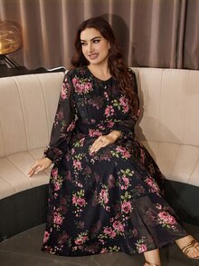 Modelyn Gaun Romantis Elegan Chiffon Motif Bunga Leher Bulat Lengan Lentera Pinggang Terikat Potongan A-Line Regular Fit Ukuran Plus untuk Musim Semi dan Gugur - MultiWarna - View 4