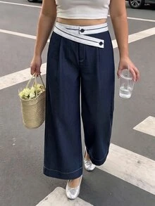 SHEIN MOD 大尺碼深藍色與白色對比腰部不對稱設計西裝褲，優雅通勤長褲，年輕女性，老錢風，都市現代 - 藏蓝色 - 查看 7
