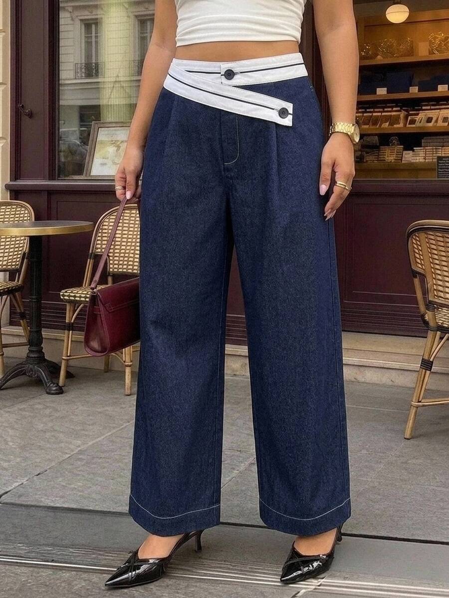 SHEIN MOD Plus Size Deep Blue & White Contrast Waist Asymmetrical Design Suit Pants, Elegant Commuter Trousers, Young Lady, Old Money Style, Urban Modern - Navy Blue - View 1