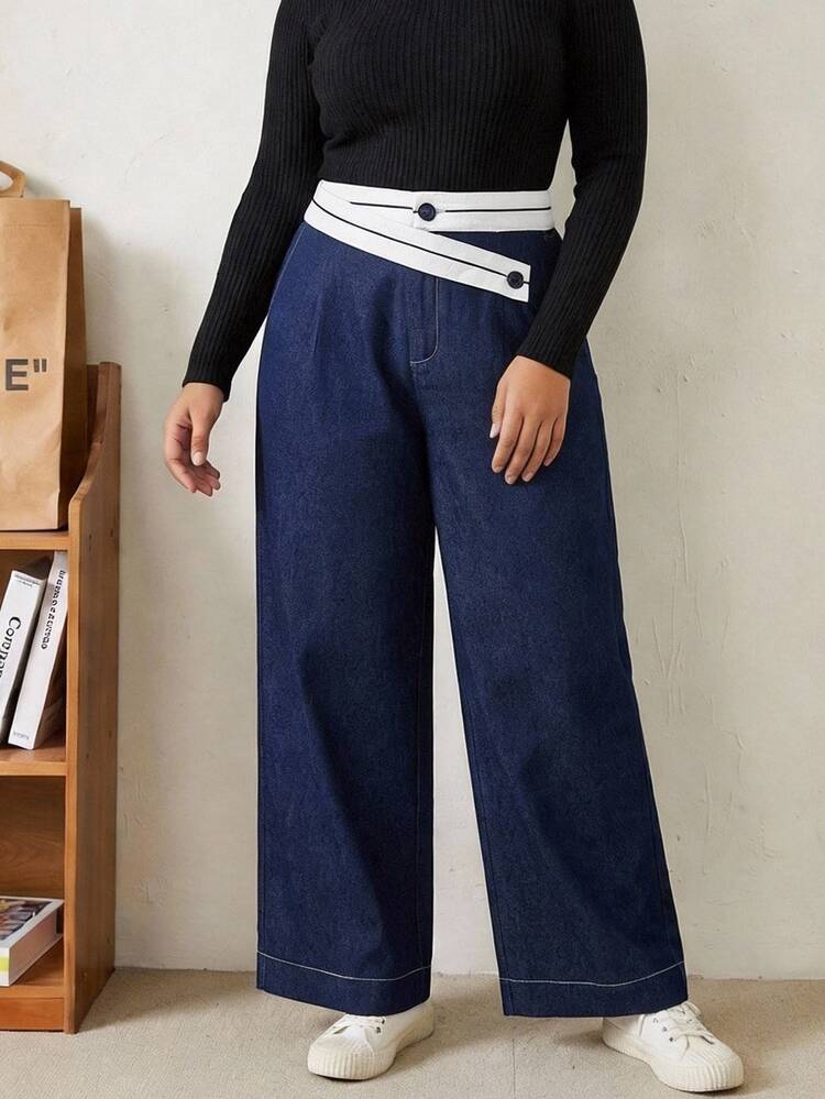 SHEIN MOD Plus Size Deep Blue & White Contrast Waist Asymmetrical Design Suit Pants, Elegant Commuter Trousers, Young Lady, Old Money Style, Urban Modern - Navy Blue - View 14