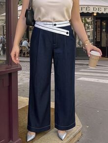SHEIN MOD 大尺碼深藍色與白色對比腰部不對稱設計西裝褲，優雅通勤長褲，年輕女性，老錢風，都市現代 - 藏蓝色 - 查看 8