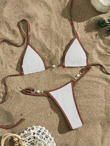 Swim Vcay Contrast Trim Triangle Top Halter Neck Two Pieces Bikini Set, Summer Beach - White - View 3