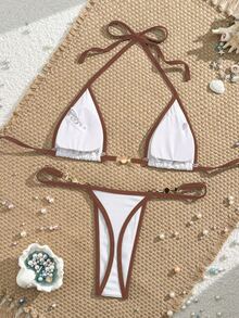 Swim Vcay Contrast Trim Triangle Top Halter Neck Two Pieces Bikini Set, Summer Beach - White - View 2