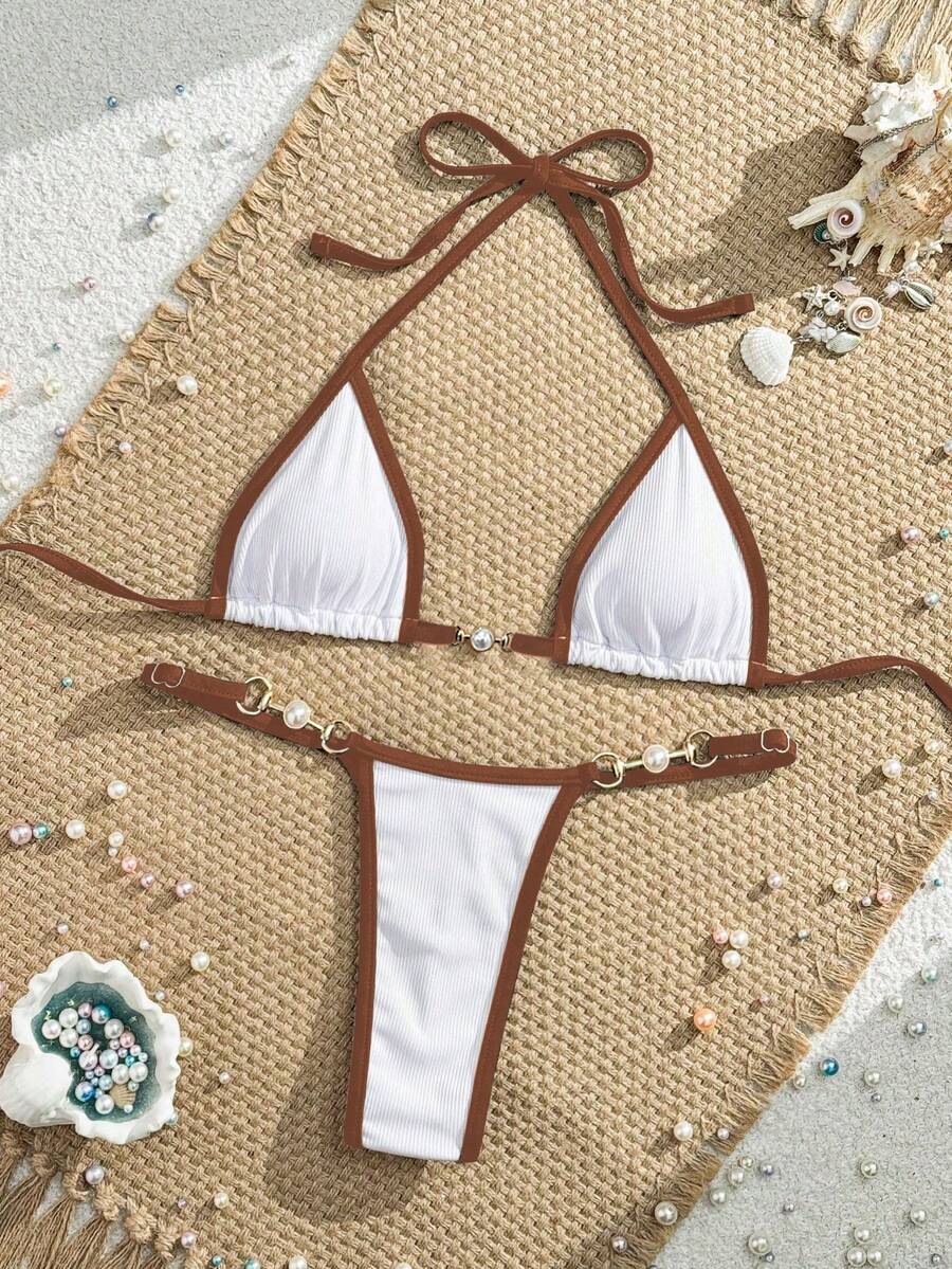 Swim Vcay Contrast Trim Triangle Top Halter Neck Two Pieces Bikini Set, Summer Beach - White - View 1