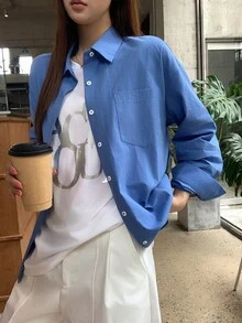 DAZY 休閒百搭純色長袖襯衫 - 藍色 - 查看 4