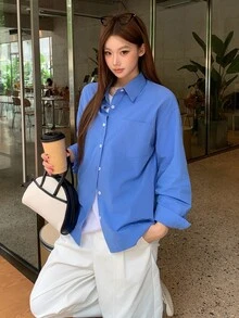 DAZY 休閒百搭純色長袖襯衫 - 藍色 - 查看 2