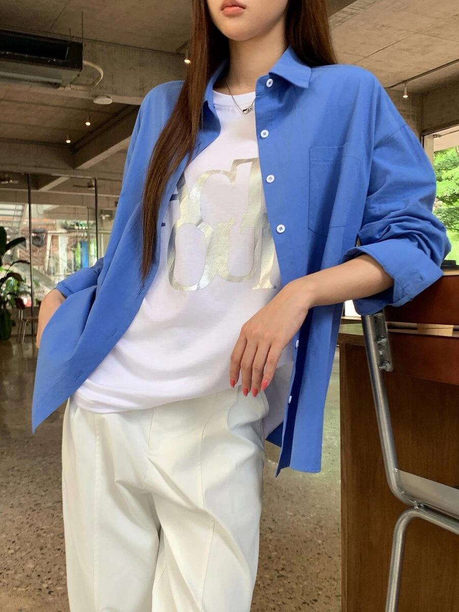 DAZY 休閒百搭純色長袖襯衫 - 藍色 - 查看 1