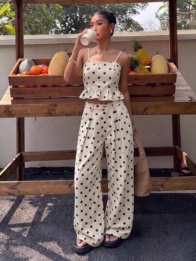 Muchica Women's Polka Dot Pleated Camisole Top And Pleated Long Pants Casual Daily Denim Set Fall