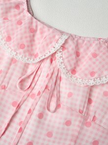 INAWLY 女款波點格紋印花甜美蕾絲荷葉邊下擺洋裝 - 粉色 - 查看 4