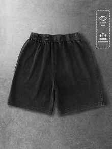 ROMWE MEN Essentials 男士休闲时尚街头通勤字母印花抽绳腰斜插口袋水洗宽松短裤，夏季 - 黑色 - 查看 2