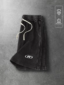ROMWE MEN Essentials 男士休闲时尚街头通勤字母印花抽绳腰斜插口袋水洗宽松短裤，夏季 - 黑色 - 查看 4