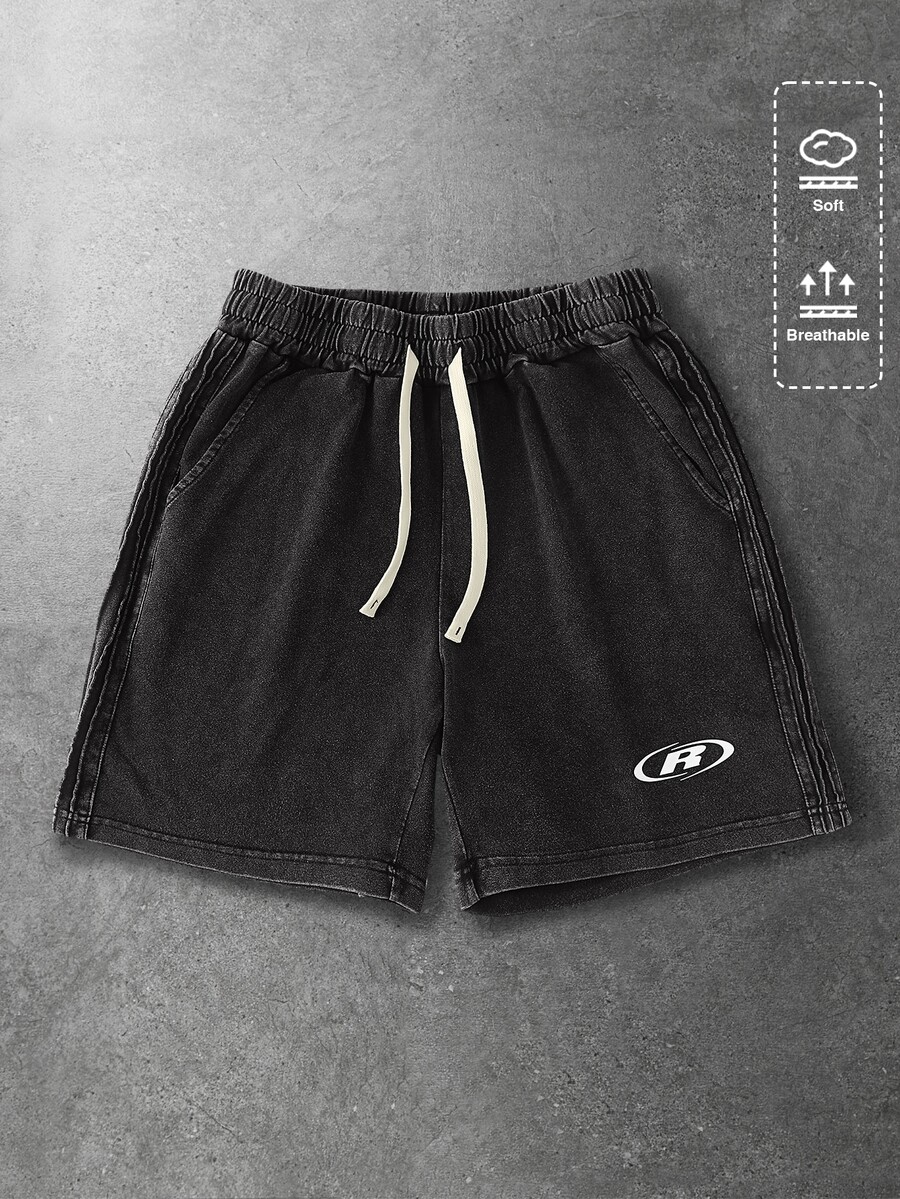 ROMWE MEN Essentials 男士休闲时尚街头通勤字母印花抽绳腰斜插口袋水洗宽松短裤,夏季 - 黑色 - 查看 1
