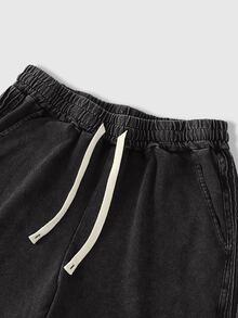 ROMWE MEN Essentials 男士休闲时尚街头通勤字母印花抽绳腰斜插口袋水洗宽松短裤，夏季 - 黑色 - 查看 5
