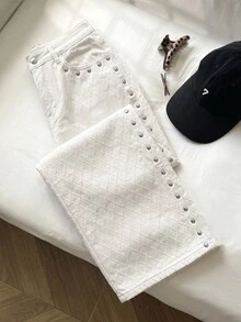 Comfortcana 女款串珠裝飾寬腿牛仔褲 秋季休閒牛仔褲 工作穿搭 女款西裝長褲 牛仔女裝 法式亮面長褲 - 白色 - 查看 7