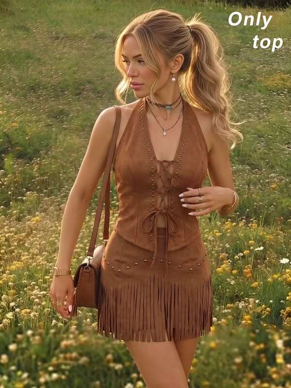 SHEIN MOD Women's Halterneck Suede Lace Up Rivet Detail Tank Top,Western Tops Women Going Out,Brown Tops For Women,Party Top, Halloween Outfit