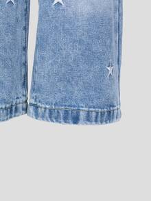 SHEIN 女童 Y2K 淺藍色牛仔褲，四季皆宜，星星刺繡，寬鬆寬腿水洗牛仔，"Best"字母刺繡，彈性腰帶，舒適版型，適合返校、日常穿著、街頭風、週末出遊 - 藍色 - 查看 8