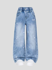 SHEIN 女童 Y2K 淺藍色牛仔褲，四季皆宜，星星刺繡，寬鬆寬腿水洗牛仔，"Best"字母刺繡，彈性腰帶，舒適版型，適合返校、日常穿著、街頭風、週末出遊 - 藍色 - 查看 3